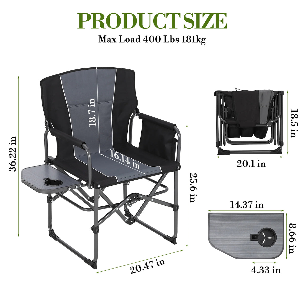 Heavy Duty Folding Camping Chair with Side Pocket, 400 lbs Capacity Portable Outdoor Director's Chair with Side Table & Cup Holder, Foldable Lawn Chair for Adults, Fishing, Picnic, Beach, Lawn