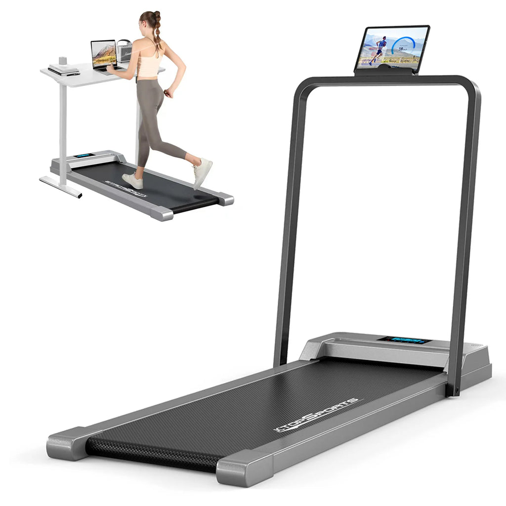 Walking Pad Treadmill with Handrail, Foldable Under Desk Treadmill for Home Office, Portable Compact Walking Treadmill with LED Display, Quiet Motor, Bluetooth App Control, for Walking Jogging and Light Running