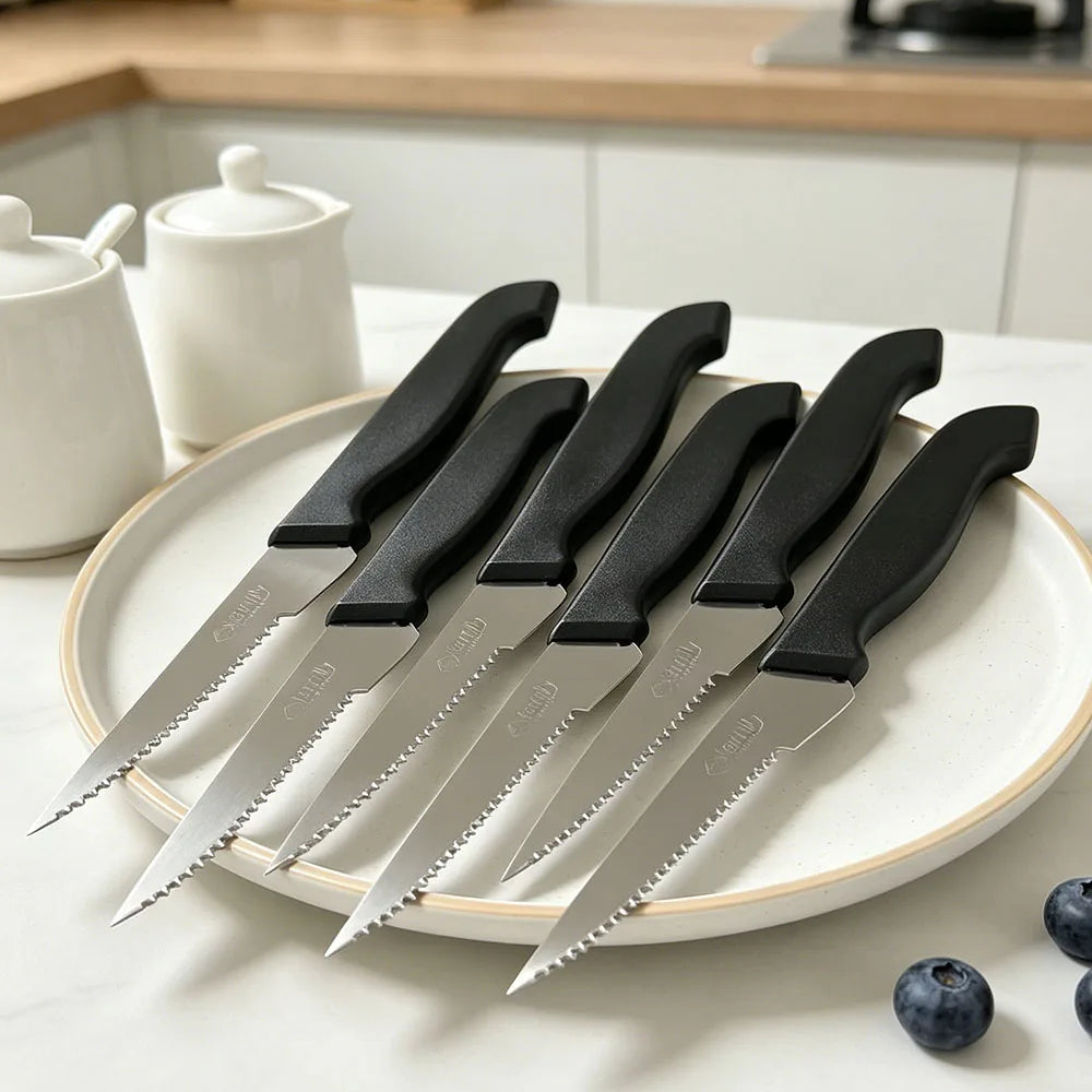 6Pcs Serrated Steak Knife Set Stainless Steel Sharp Table Knives Black Ergonomic Handle Dinner Cutlery For Home Restaurant BBQ Meat Cutting Kitchen Tool