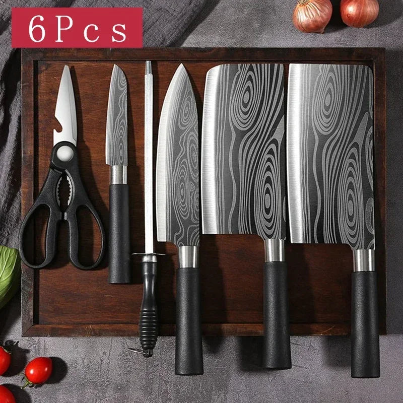 Laser Damascus Pattern Utility Kitchen Knives Scissors Sharpening Rod Set