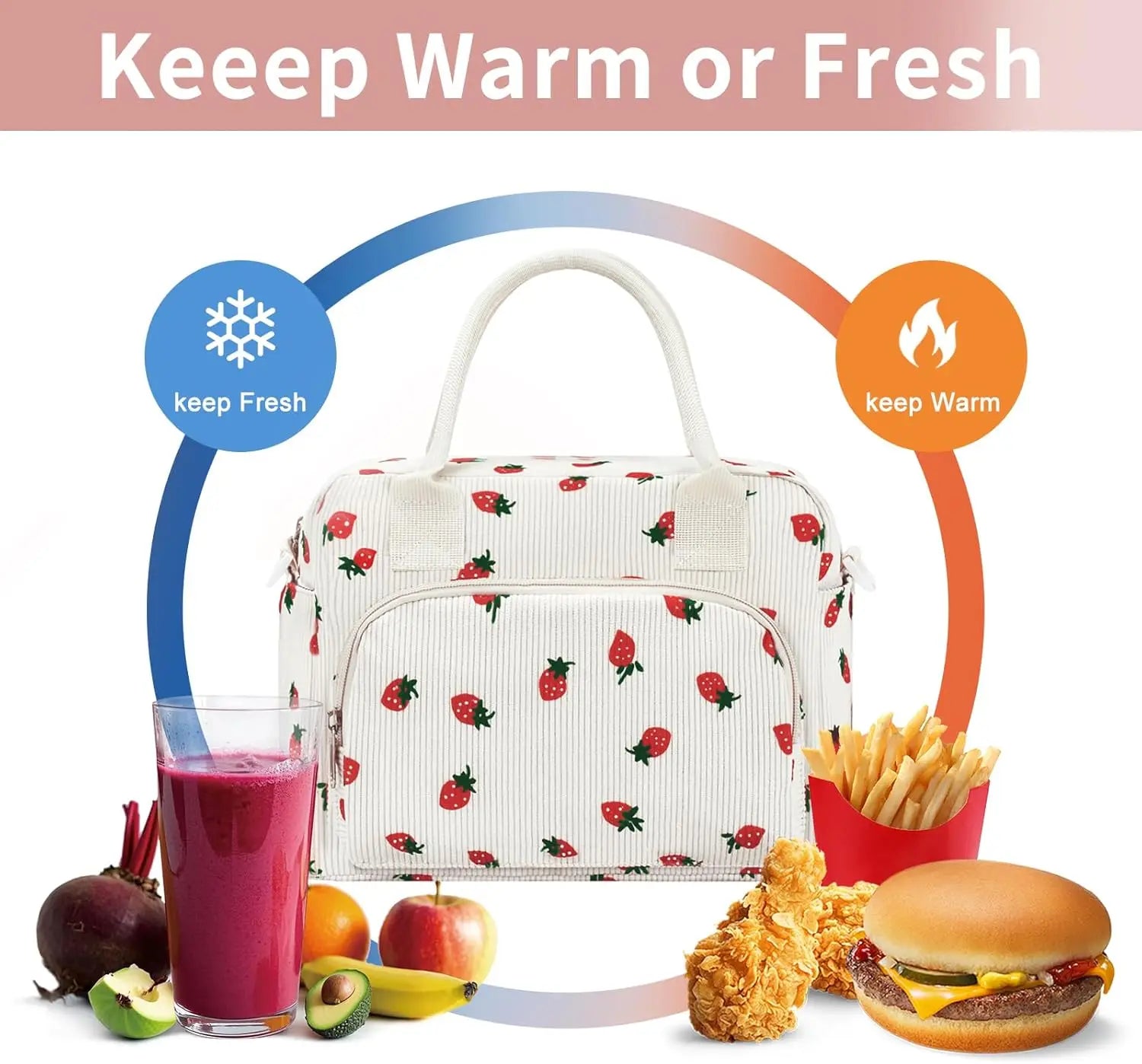 Cute Strawberry Print Insulated Lunch Bag, Corduroy Thermal Cooler Tote with Adjustable Shoulder Strap, Leakproof Portable Lunch Box Carrier for Work School Picnic