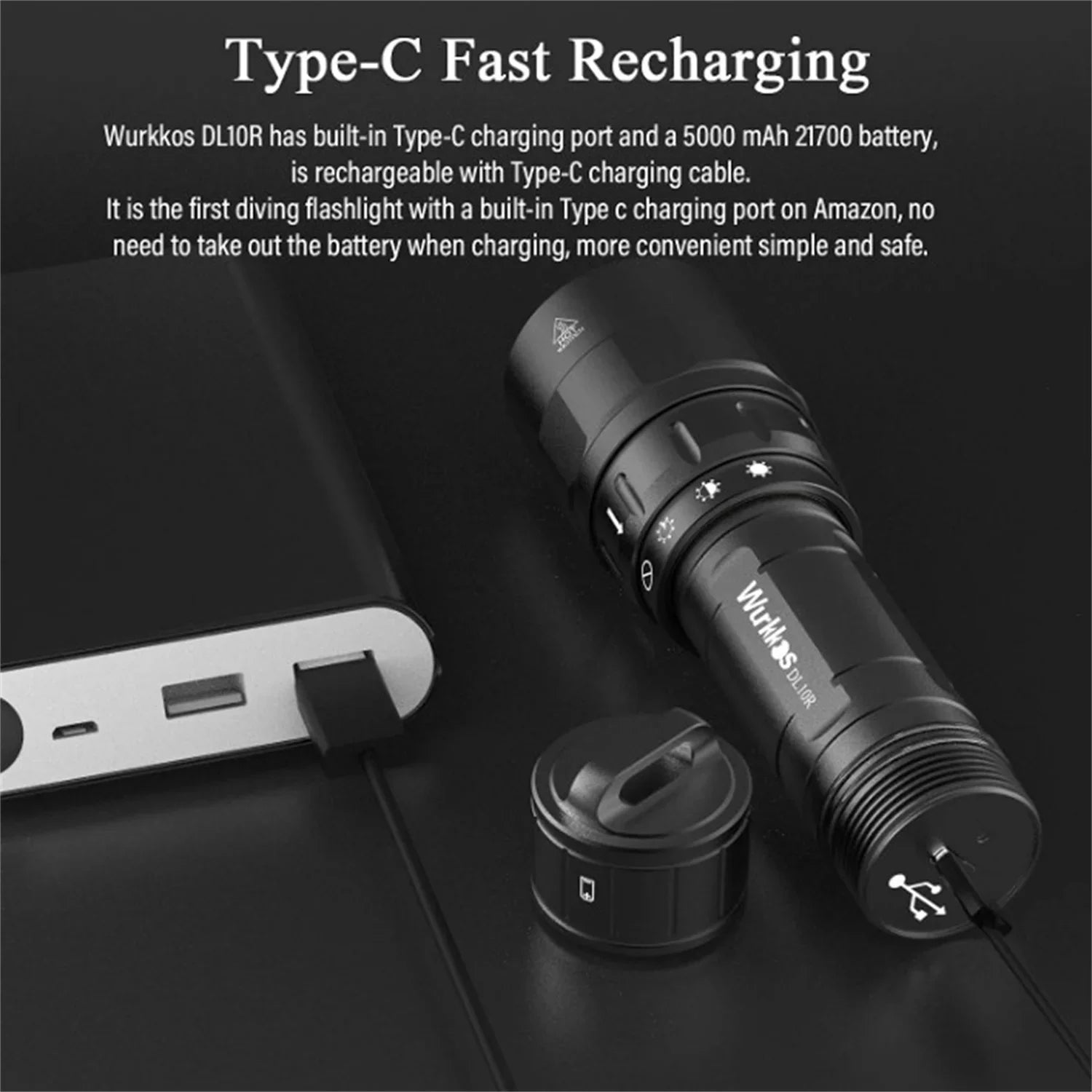 DL10R Scuba Diving Torch XHP70.2 LED Flashlights 4500lm 21700 USB-C Rechargeable Rotary Switch Magnetic Control