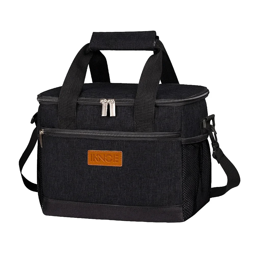 Black Insulated Lunch Box Bag Portable Picnic Food Handbag with Ice Pack for Student Dinner Hand-held Storage