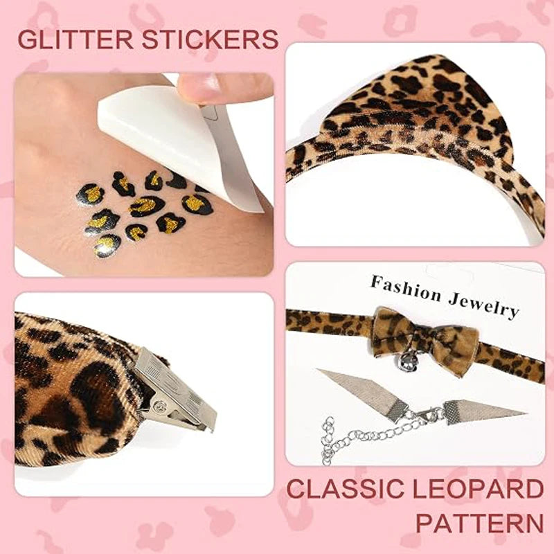 Cheetah Ears Headband Leopard Tail Collar Face Stickers for Women Leopard Collar with Bowtie Bell,Face Sticker,Halloween Cheetah Costume Accessory Set for Women ,Adult Leopard Cosplay