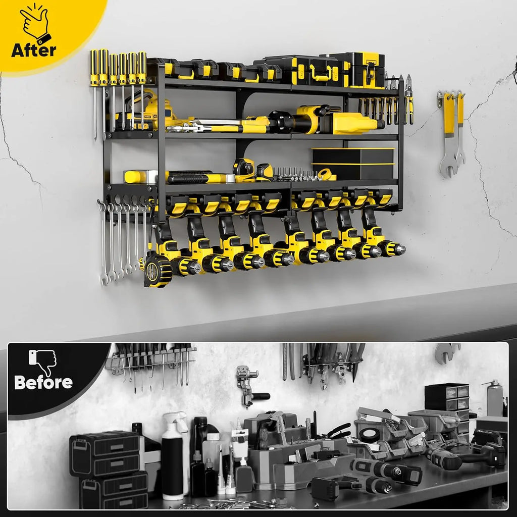 Heavy Duty Power Tool Organizer Wall Mount, 4-Layer Metal Shelf Holds 400 lbs, 8 Cordless Drill Holder for Garage Workshop