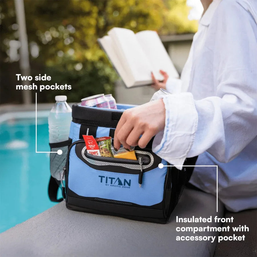 Zipperless soft cooler for outdoor use, 6-quart capacity, rainwash blue color, lightweight and leakproof design