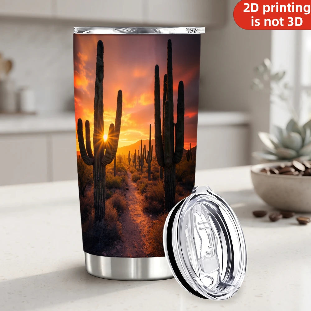 20oz Desert Saguaro Cactus Printed Stainless Steel Tumbler with Lid and Straw, Arizona Sunset Sunburst Wild West Landscape Vacuum Insulated Travel Coffee Mug Gifts for Nature Lovers