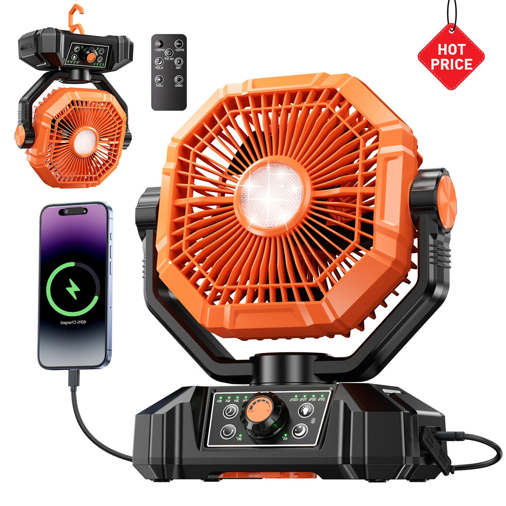 20000mAh Camping Fan with LED Lantern 8 Speed Desk Fan with Remote Portable Outdoor Fan with Hook