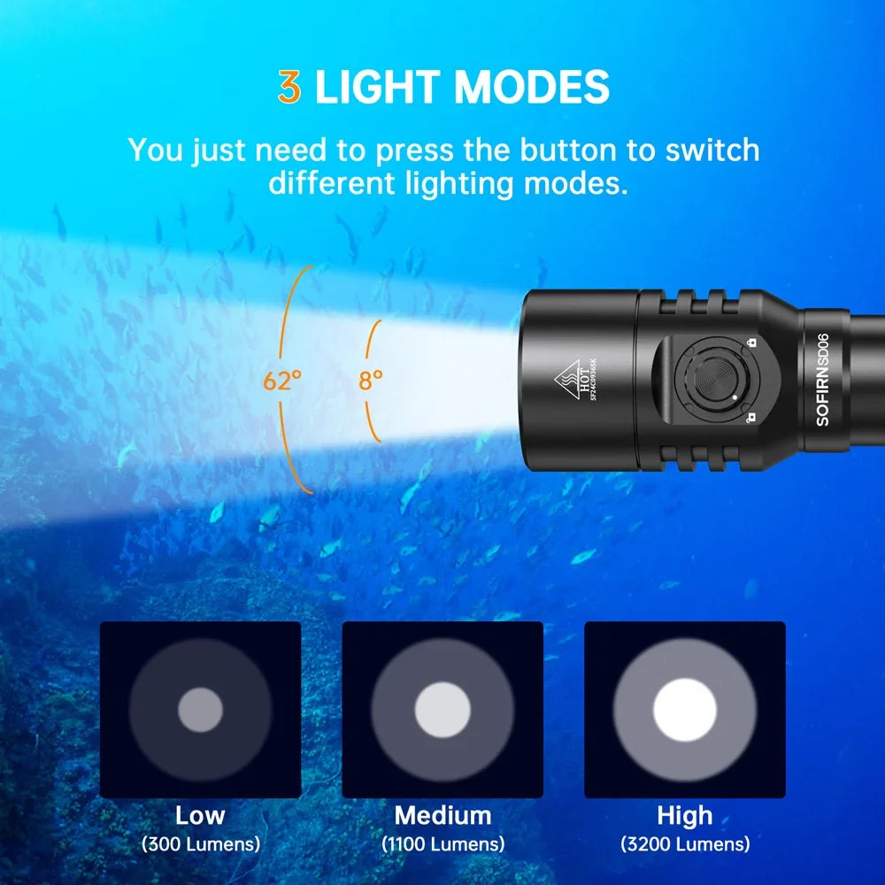 3200lm Diving Flashlight, LED Light Rechargeable, Underwater Deep Scuba Dive, Powerful Under 100M