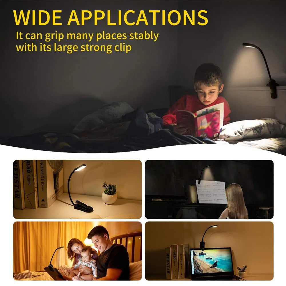 LED Book Light, USB Rechargeable Reading Light, 3-Level Warm Cool White Daylight, Portable Flexible, Easy Clip Night Reading Lamp