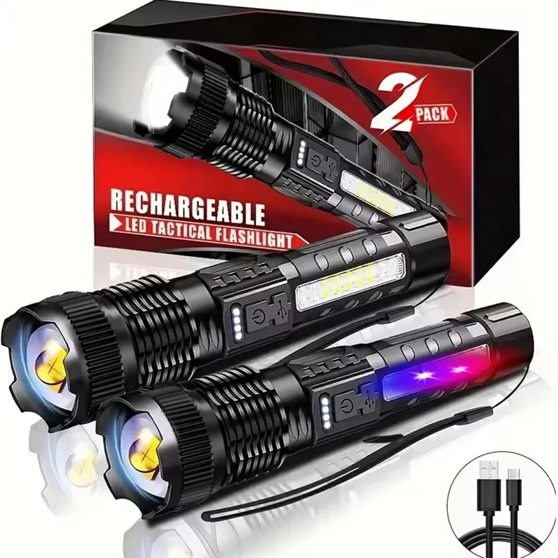 2PCS High Power LED Flashlight Strong Light Tactical Torch Rechargeable Portable Lamp Outdoor Emergency Camping Lantern