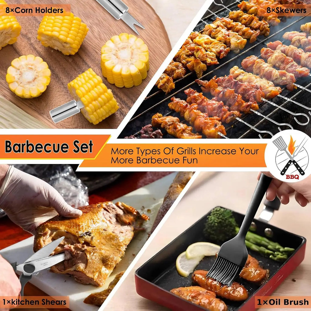 BBQ Grilling Accessories Set, 34Pcs Heavy Duty Grill Tools for Outdoor Camping, Grilling Gifts for Men Dad, Stainless Steel Barbecue Utensils Kit with Mats and Glove in Carrying Bag, Brown