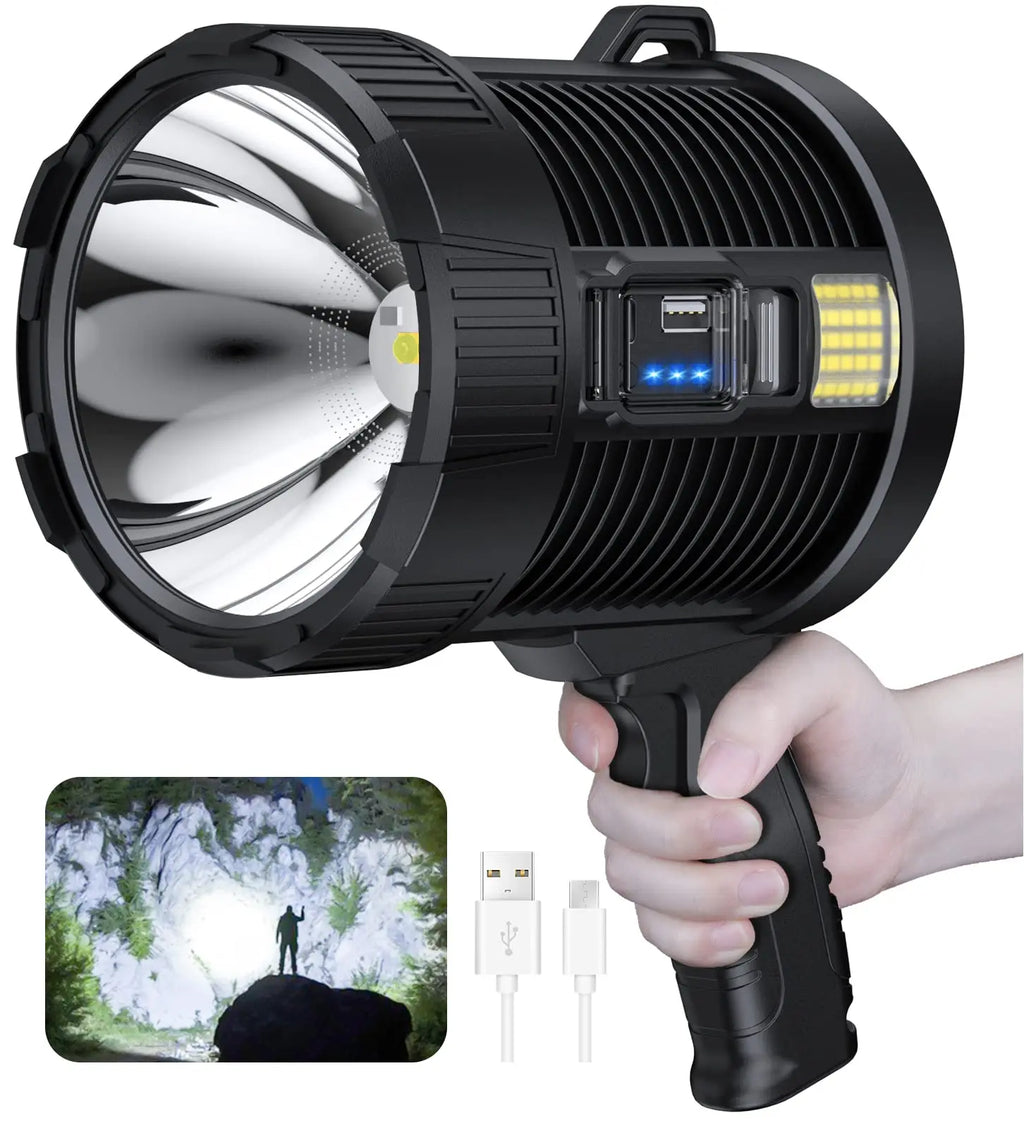 Rechargeable Spotlight, 900000 Lumens, Led Spot Light, Handheld Large Flashlight, Super Bright Searchlight