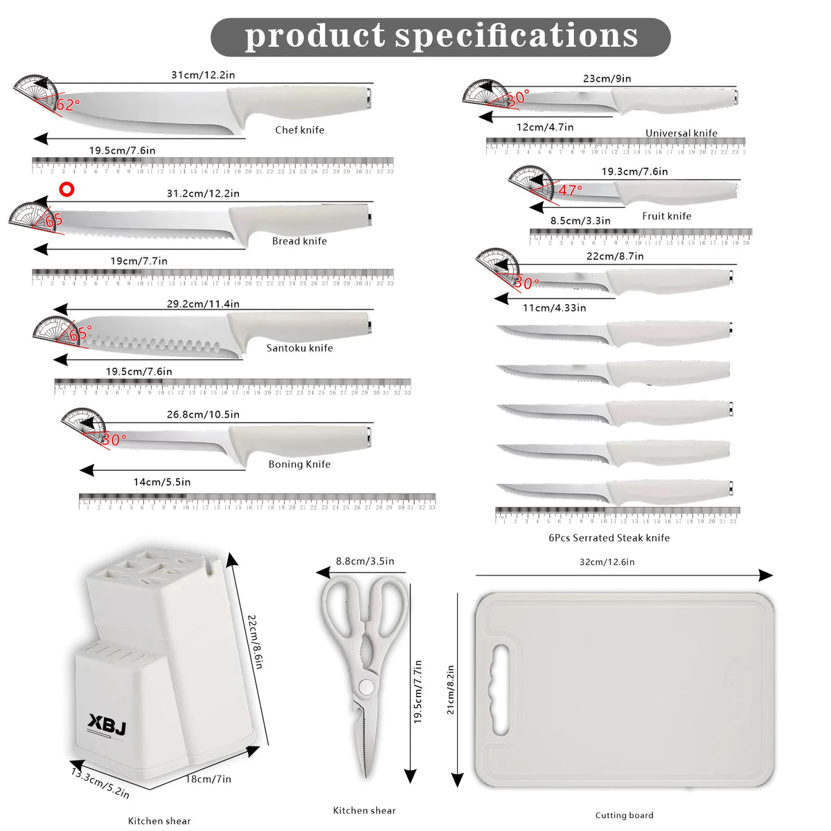 15PCS Kitchen Knife Set with Block & Sharpener, Stainless Steel Knives, Dishwasher Safe, Rust Resistant, Ergonomic Handle