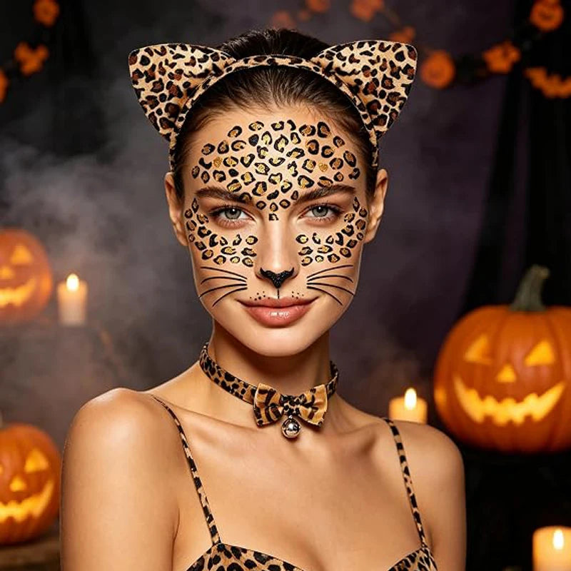 Cheetah Ears Headband Leopard Tail Collar Face Stickers for Women Leopard Collar with Bowtie Bell,Face Sticker,Halloween Cheetah Costume Accessory Set for Women ,Adult Leopard Cosplay