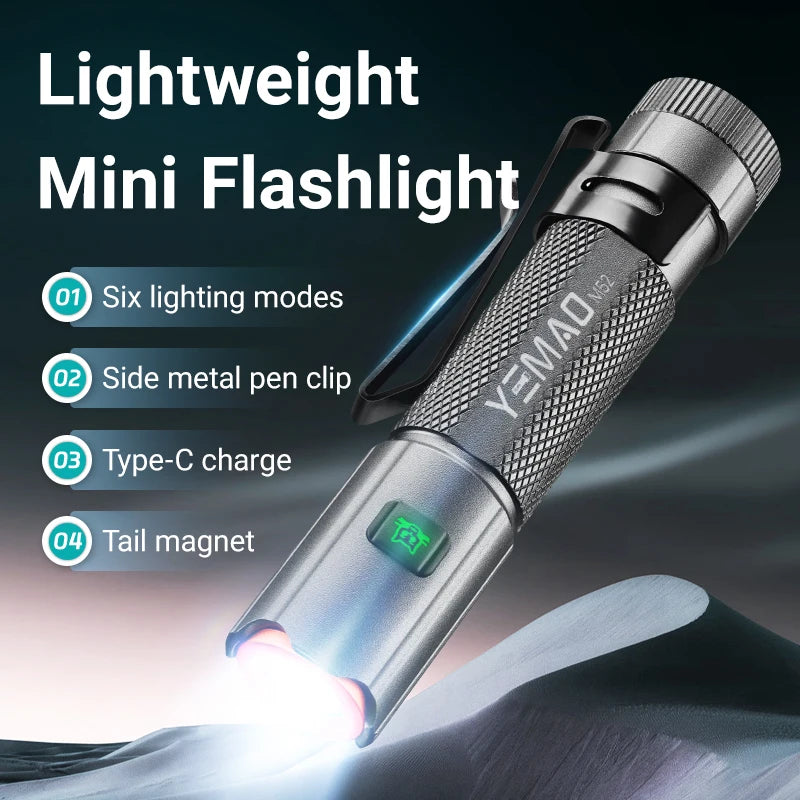 High‑Power LED Mini Flashlight 6 Lighting Modes, Magnetic Base & Metal Pen Clip, Type‑C Rechargeable Pocket Torch, Light‑Weight Portable EDC Lamp for Outdoor Camping Daily Emergency Travel