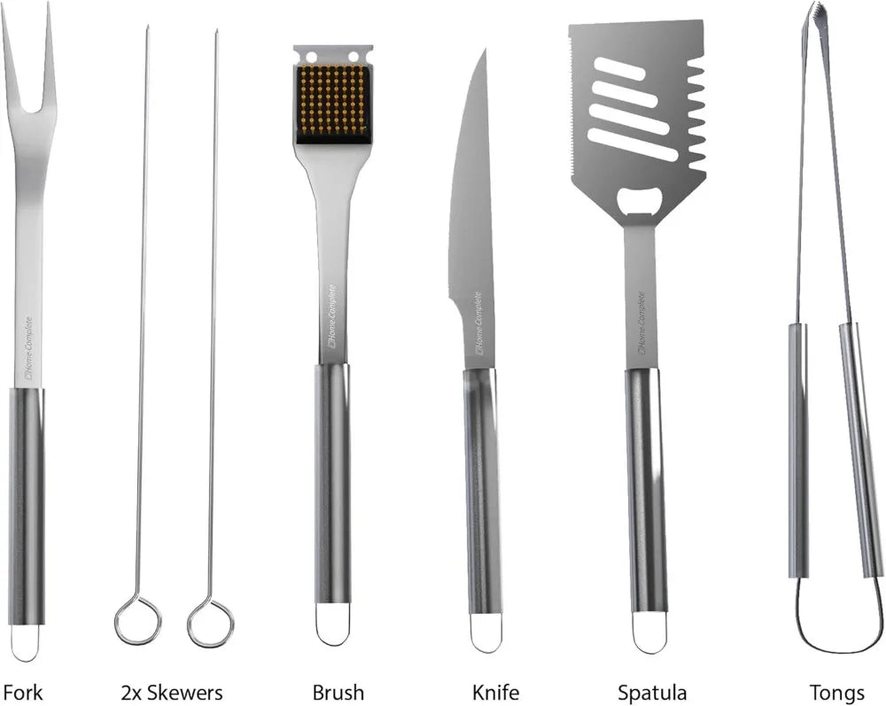 7-Piece BBQ Grill Tool Kit - Stainless Steel Set with Spatula, Tongs, Fork, Knife, Brush, Skewers & Case