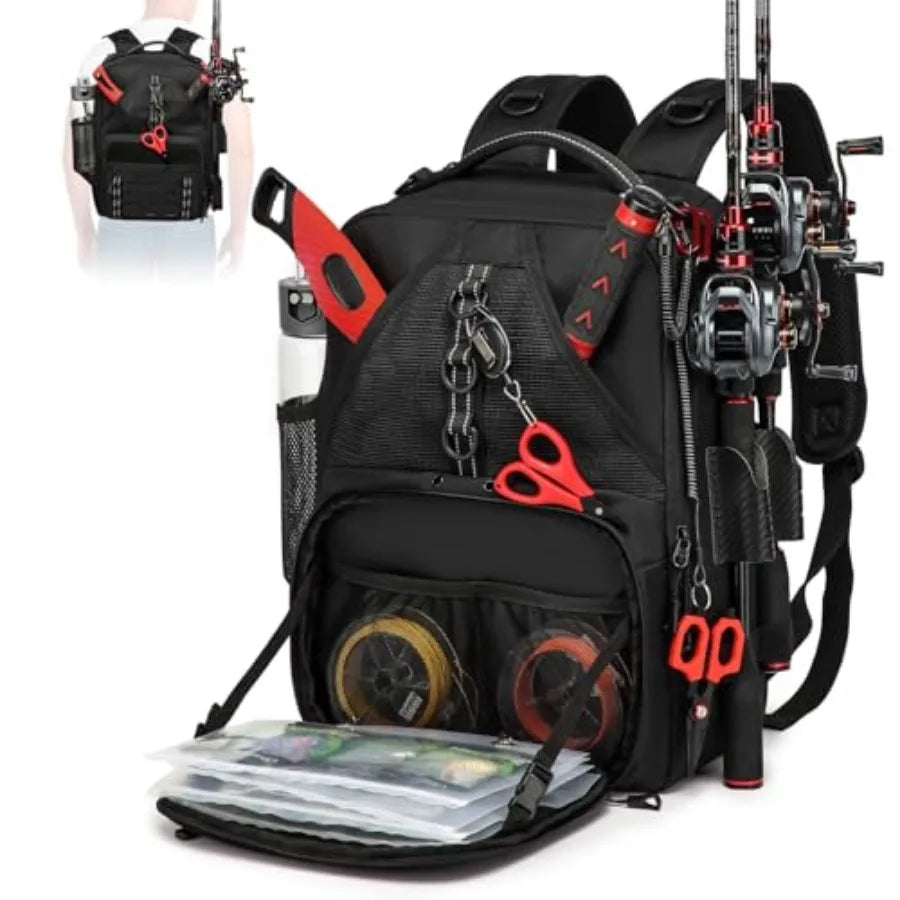 Fishing Tackle Backpack, Tackle Bags with 2 Rod Holders, Water-Resistant Tackle Bag Storage Bag for Fishing Gear Black
