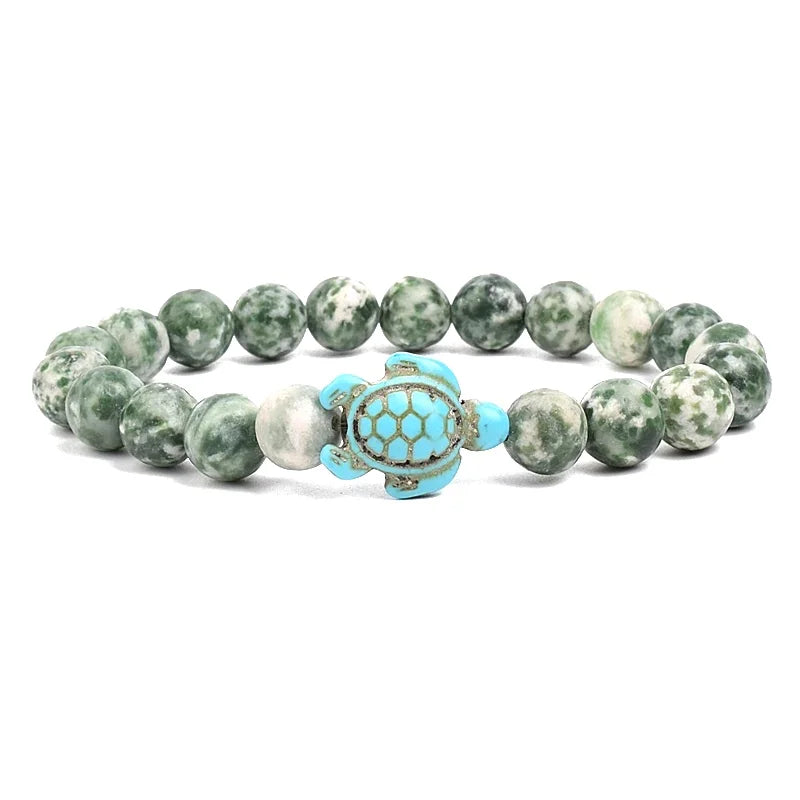 Women Men Unisex 8mm Turquoise Natural Stone Stretch Bracelet Sea Turtle Charm Beaded Friendship Summer Beach Wrist Jewelry