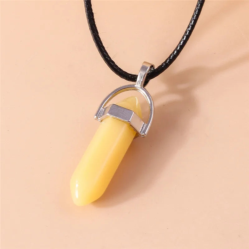 Stone Quartz Gem, Pink Crystal Stone Hexagonal Column Pendant, Necklaces, Leather Chain Bullet Necklace