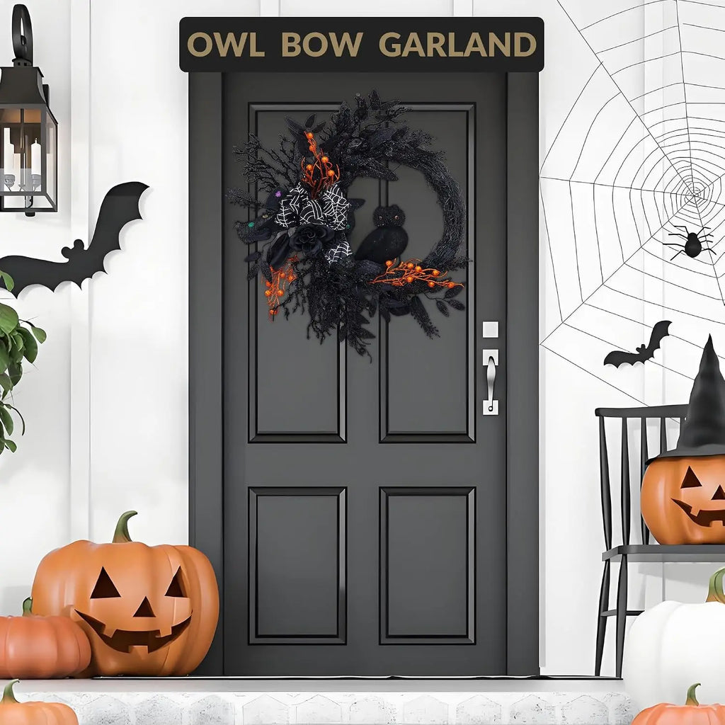 20 Inch Halloween Owl Wreath with Natural Vines and Black Artificial Roses – Front Door, Porch, Wall Decor for Indoor Outdoor Party Home