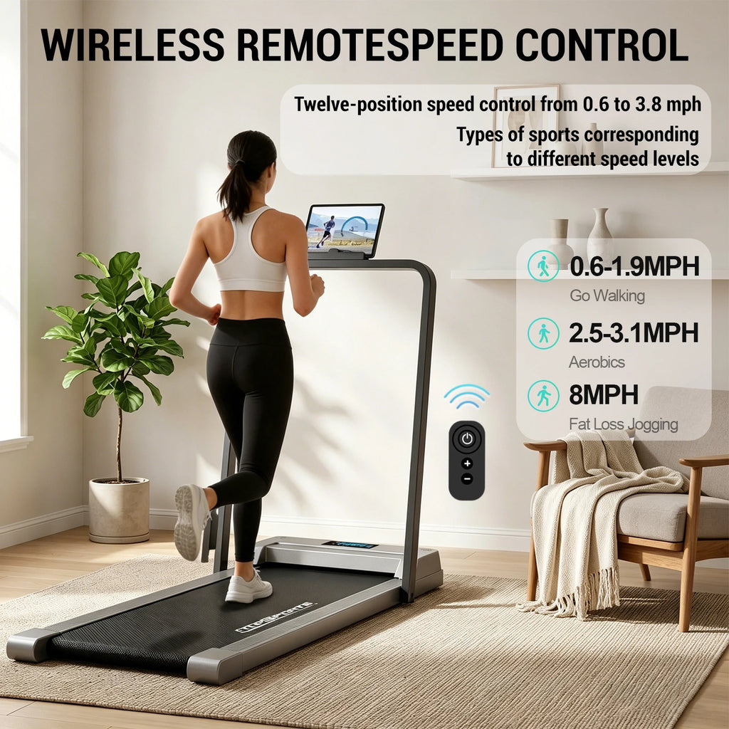 Walking Pad Treadmill with Handrail, Foldable Under Desk Treadmill for Home Office, Portable Compact Walking Treadmill with LED Display, Quiet Motor, Bluetooth App Control, for Walking Jogging and Light Running