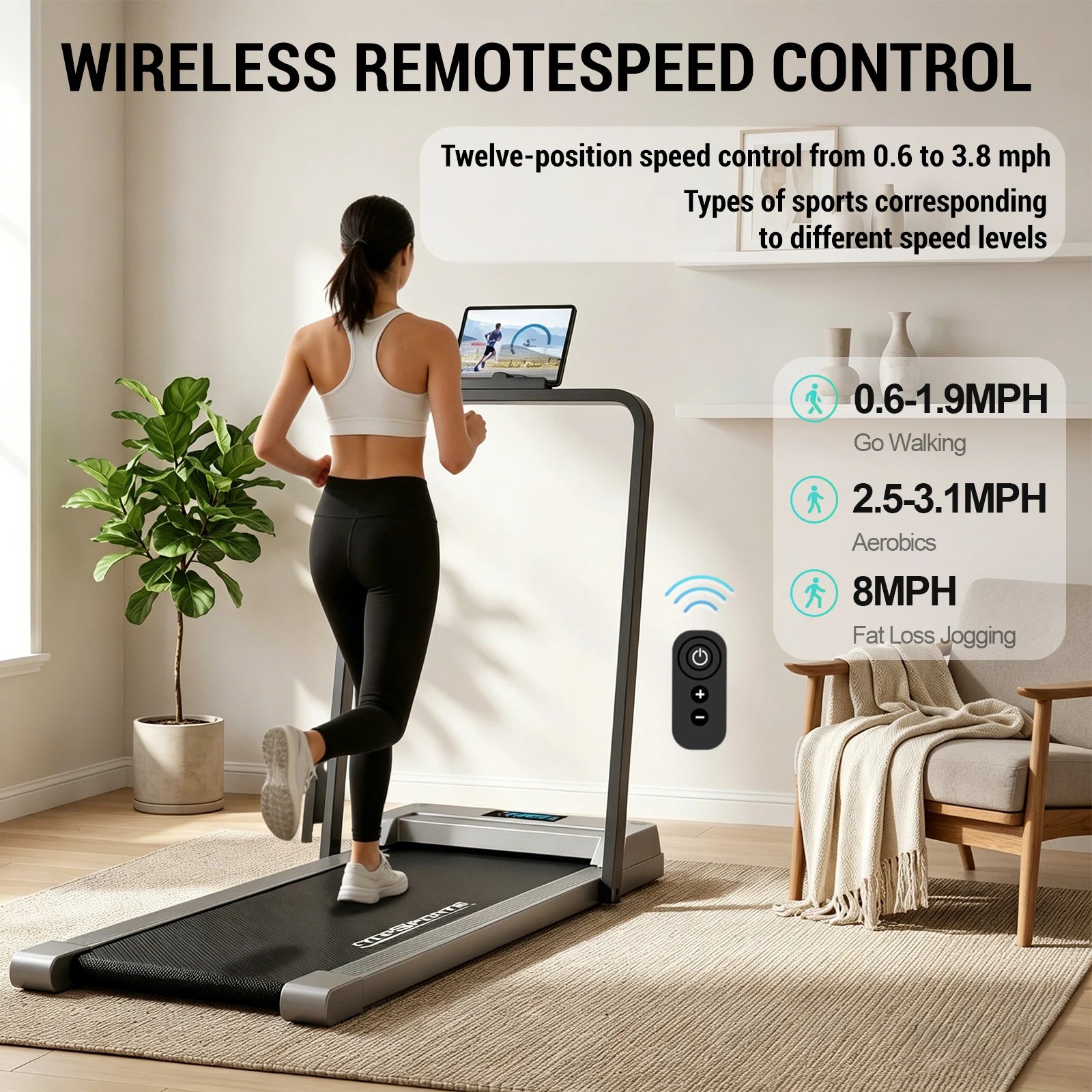Walking Pad Treadmill with Handrail, Foldable Under Desk Treadmill for Home Office, Portable Compact Walking Treadmill with LED Display, Quiet Motor, Bluetooth App Control, for Walking Jogging and Light Running