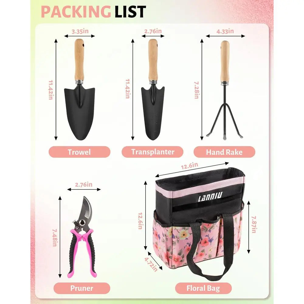 5-Piece Pink Gardening Tool Set with Floral Bag