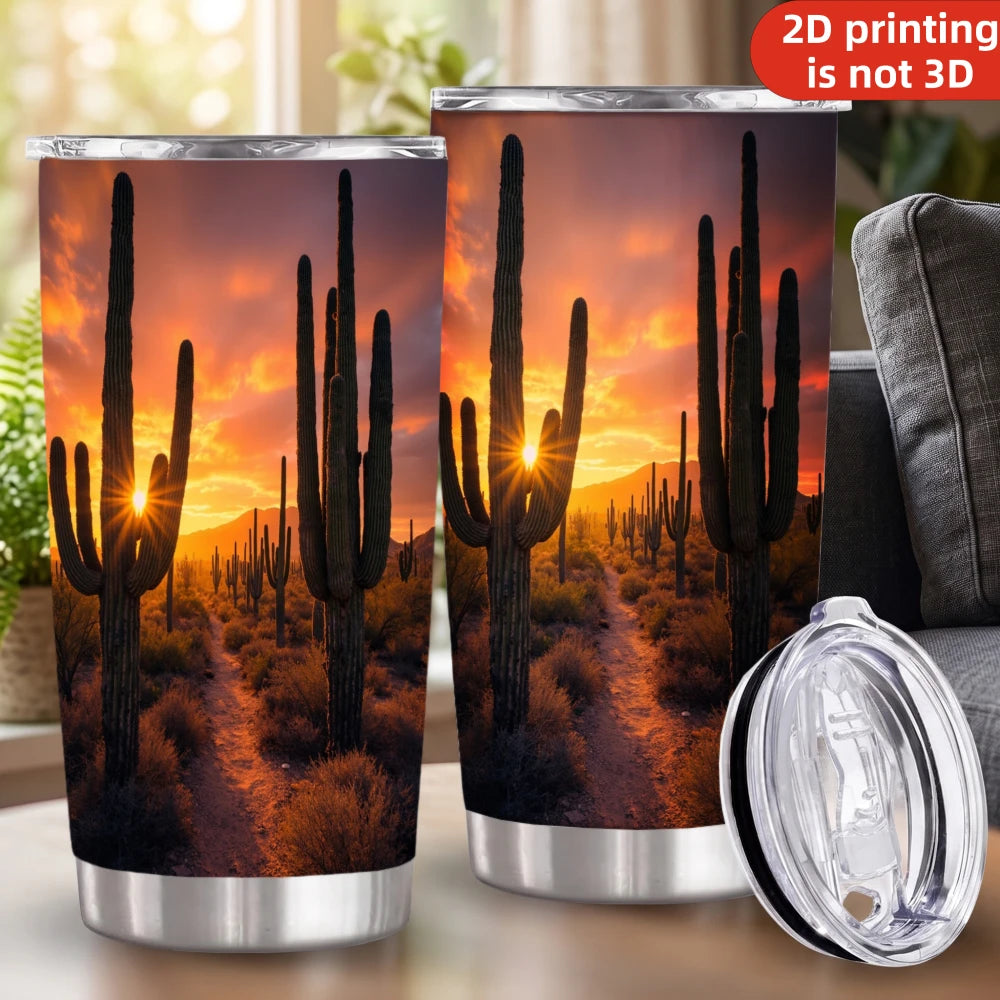 20oz Desert Saguaro Cactus Printed Stainless Steel Tumbler with Lid and Straw, Arizona Sunset Sunburst Wild West Landscape Vacuum Insulated Travel Coffee Mug Gifts for Nature Lovers