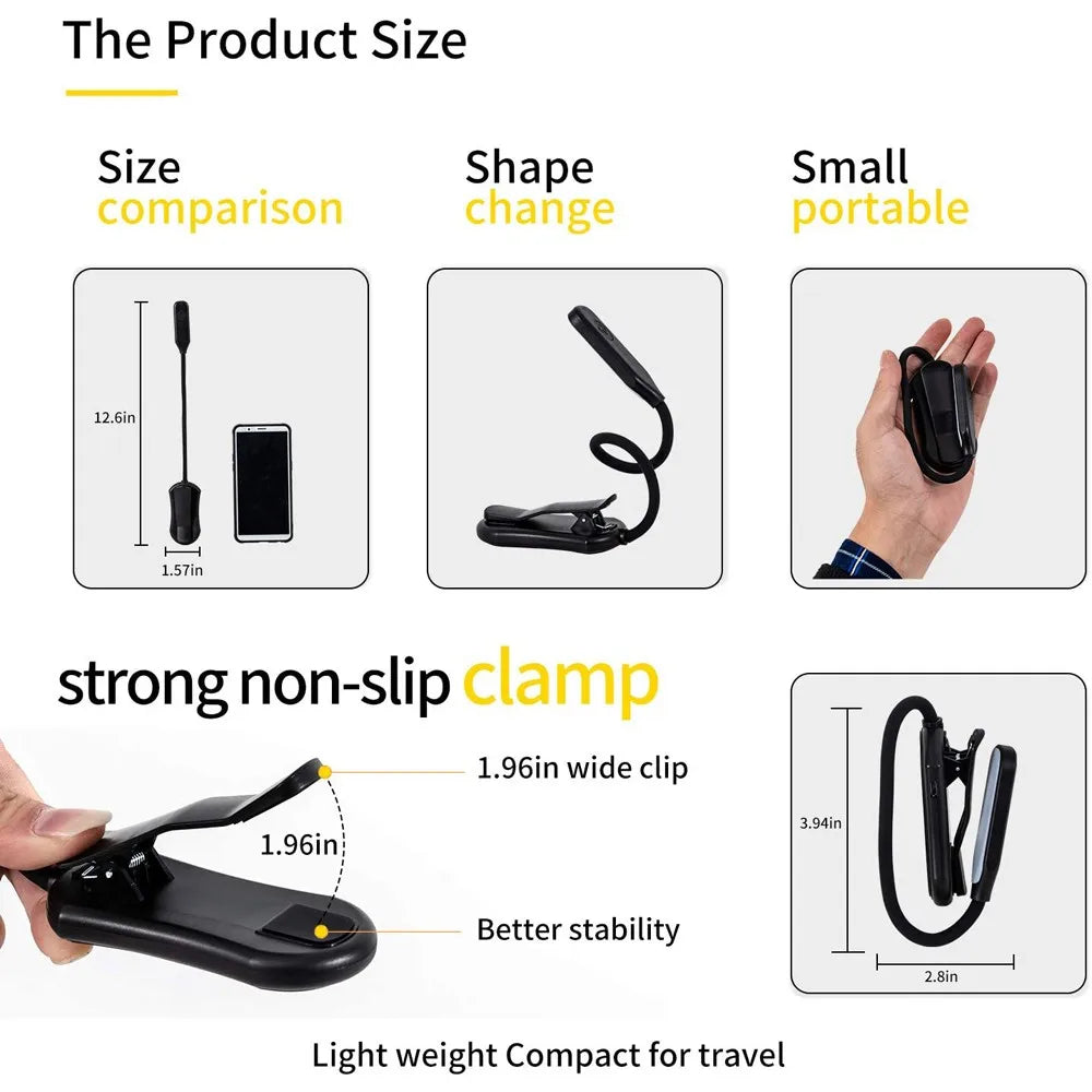 LED Book Light, USB Rechargeable Reading Light, 3-Level Warm Cool White Daylight, Portable Flexible, Easy Clip Night Reading Lamp
