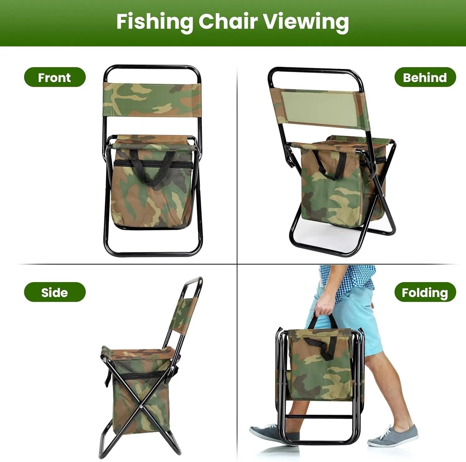 Portable Foldable Fishing Chair with Cooler Bag, Lightweight Folding Camping Chair, Outdoor Backrest Stool for Camping Hunting Fishing Hiking（Camouflage）