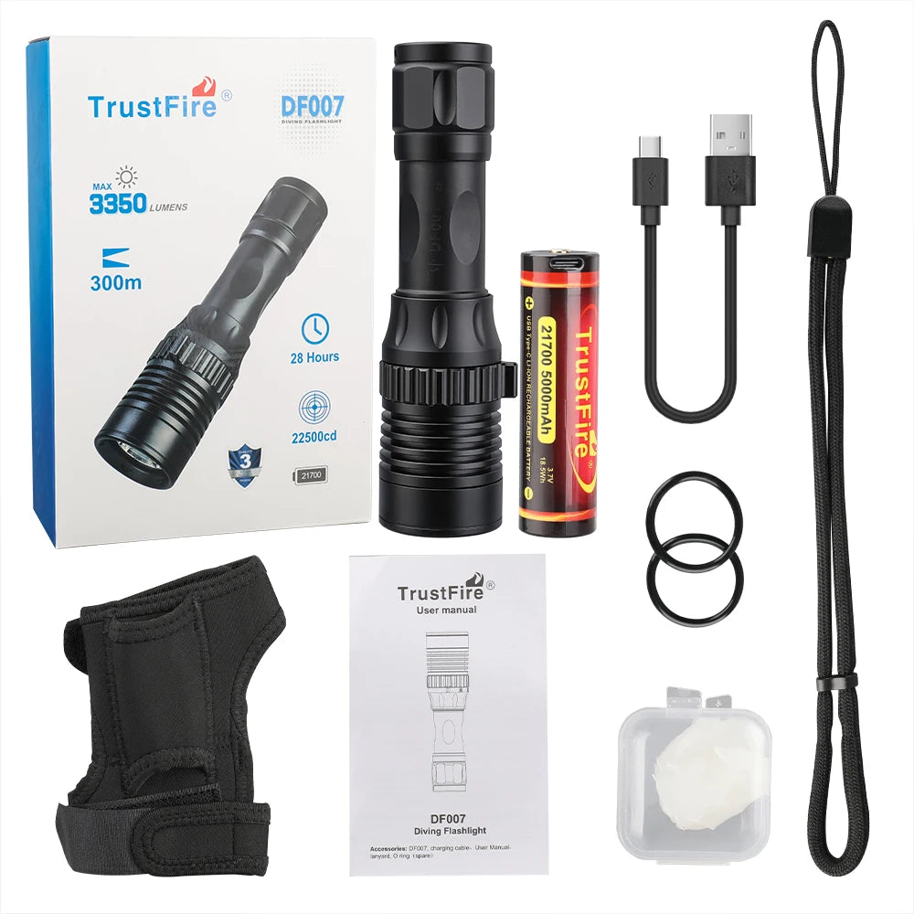 Trustfire DF007 3350 Lumen LED Rechargeable Diving Flashlight Scuba Underwater 100m Waterproof 300M Light Range Photography Video Light
