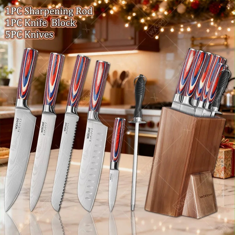 Kitchen Accessories 7PCS Professional Stainless Steel Knife Set with Sharpening Rod Wooden Holder