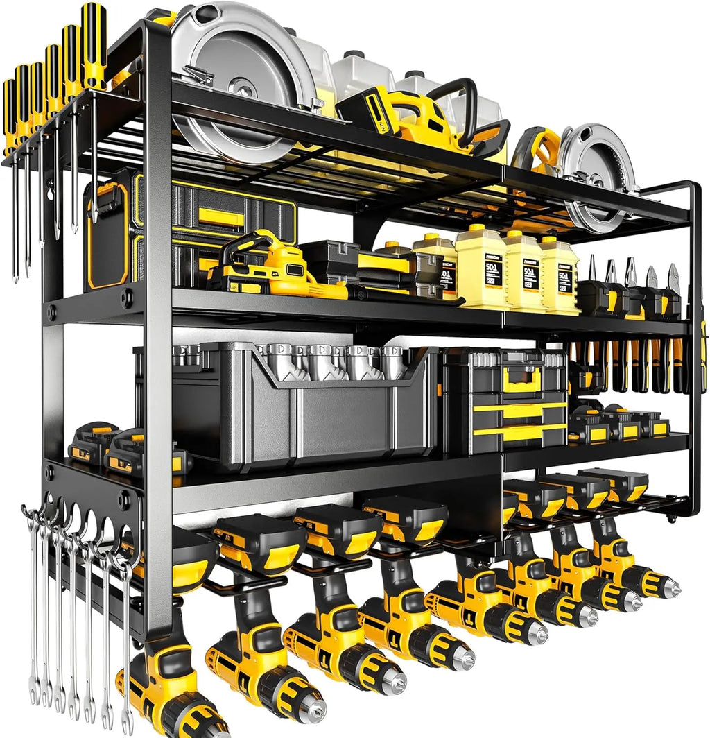 Heavy Duty Power Tool Organizer Wall Mount, 4-Layer Metal Shelf Holds 400 lbs, 8 Cordless Drill Holder for Garage Workshop