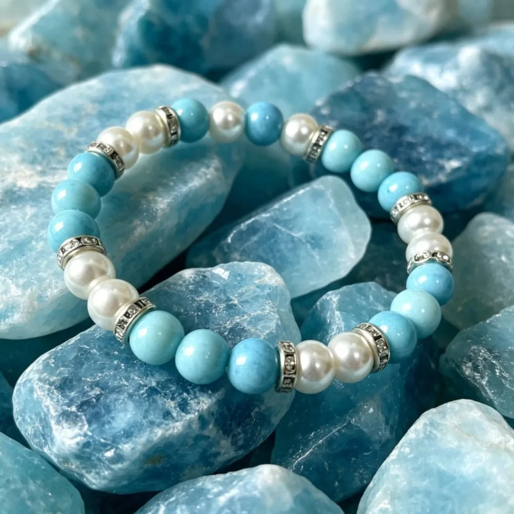 1pc Fresh Turquoise & White Pearl Color Block Beaded Bracelet, Simple Marble Texture Handcrafted Design, Bohemian Style, Attracts Wealth & Prosperity, Promotes Career Growth, Suitable for Daily Wear, Unisex, Perfect Gift for