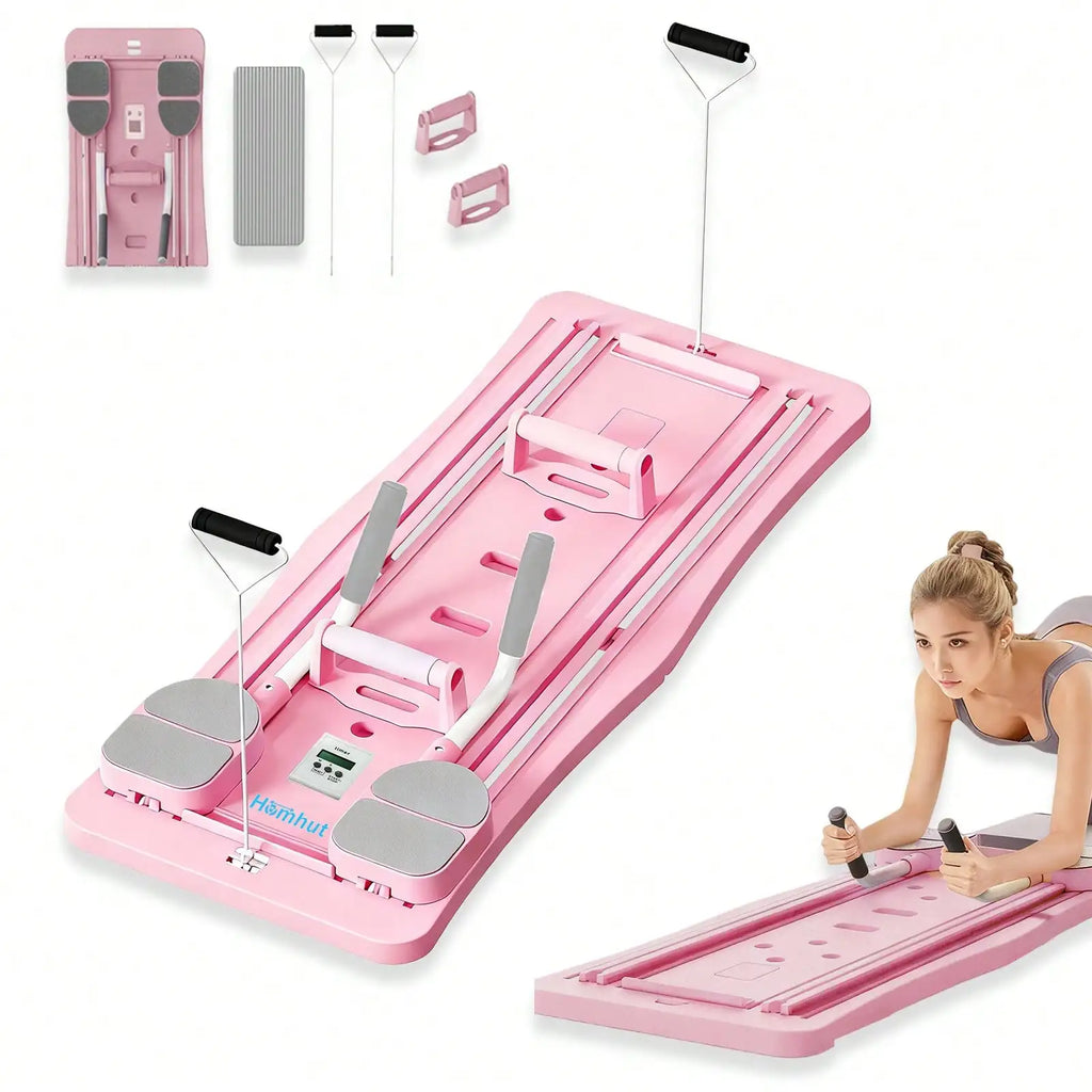 Multi-Functional Pilates Reformer Board with Counter, Foldable Sliding Workout Board for Full Body Training, Abdominal Leg Arm Home Fitness Equipment with Resistance Bands