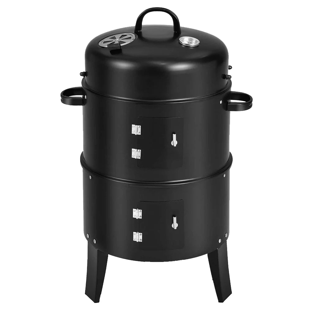 Vertical Charcoal Smoker with Built-in Thermometer Round BBQ Grill 2 Access Doors for Parties Camping Outdoor Cooking
