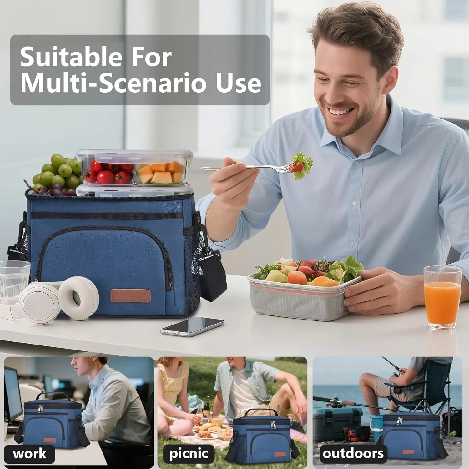 Insulated Lunch Bag for Women/Men - Reusable Lunch Box for Office Picnic Hiking Beach - Leakproof Cooler Tote Bag Organizer with Adjustable Shoulder Strap for Adults - Blue