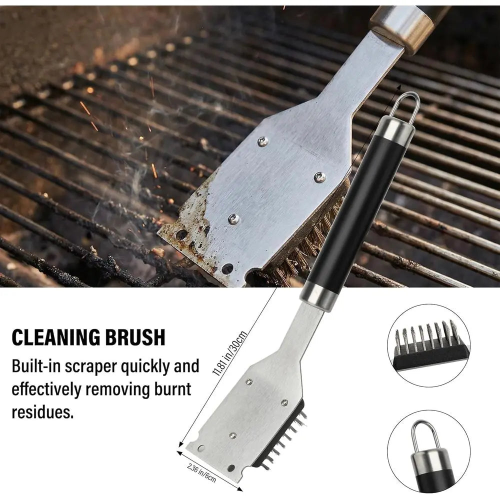 Premium BBQ Grill Accessories Set for Men - Outdoor Barbecue Tools Including Tongs, Brush, and Cleaning Brush (Black)