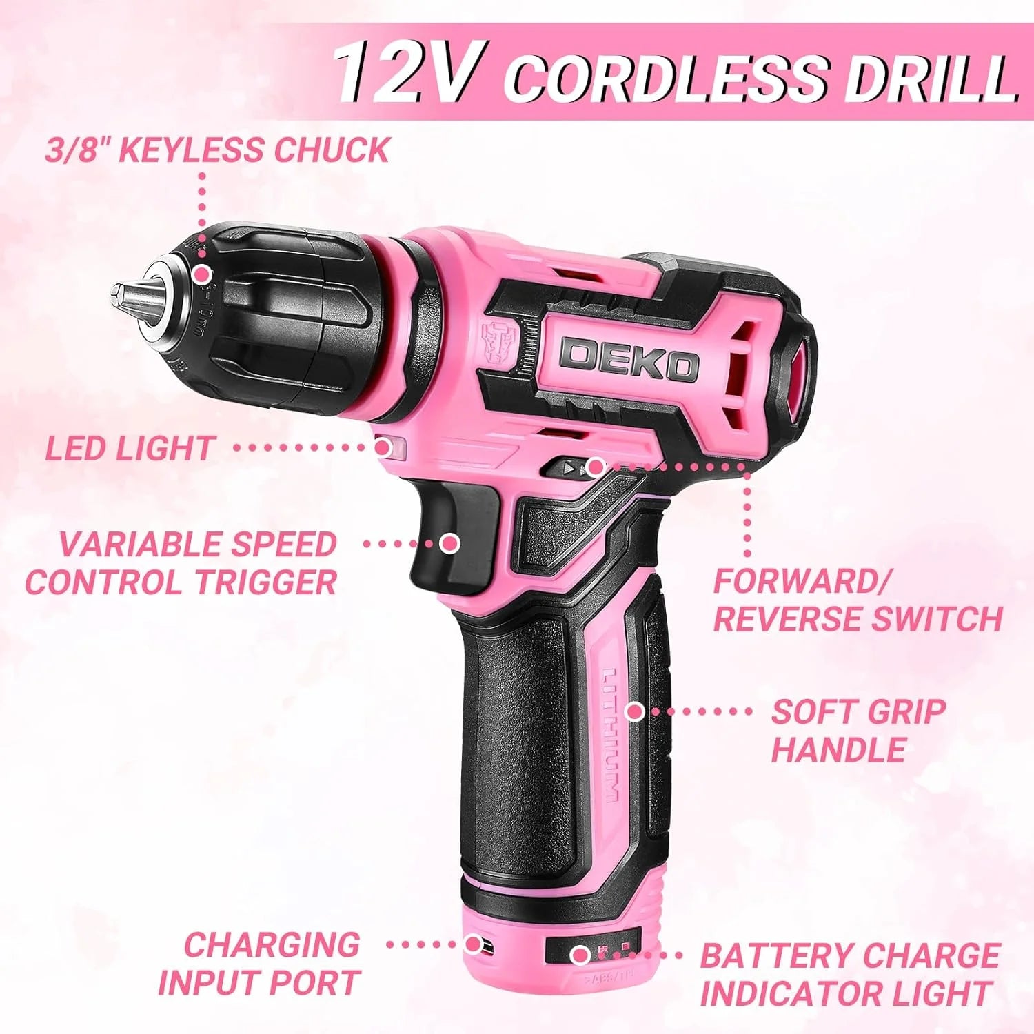 Home Toolbox with 12V Power Cordless Drill, Repair Tools, Case, Pink