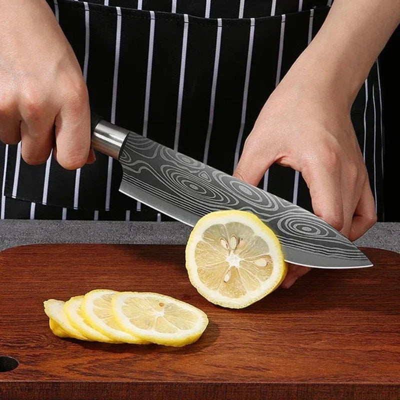 Laser Damascus Pattern Utility Kitchen Knives Scissors Sharpening Rod Set