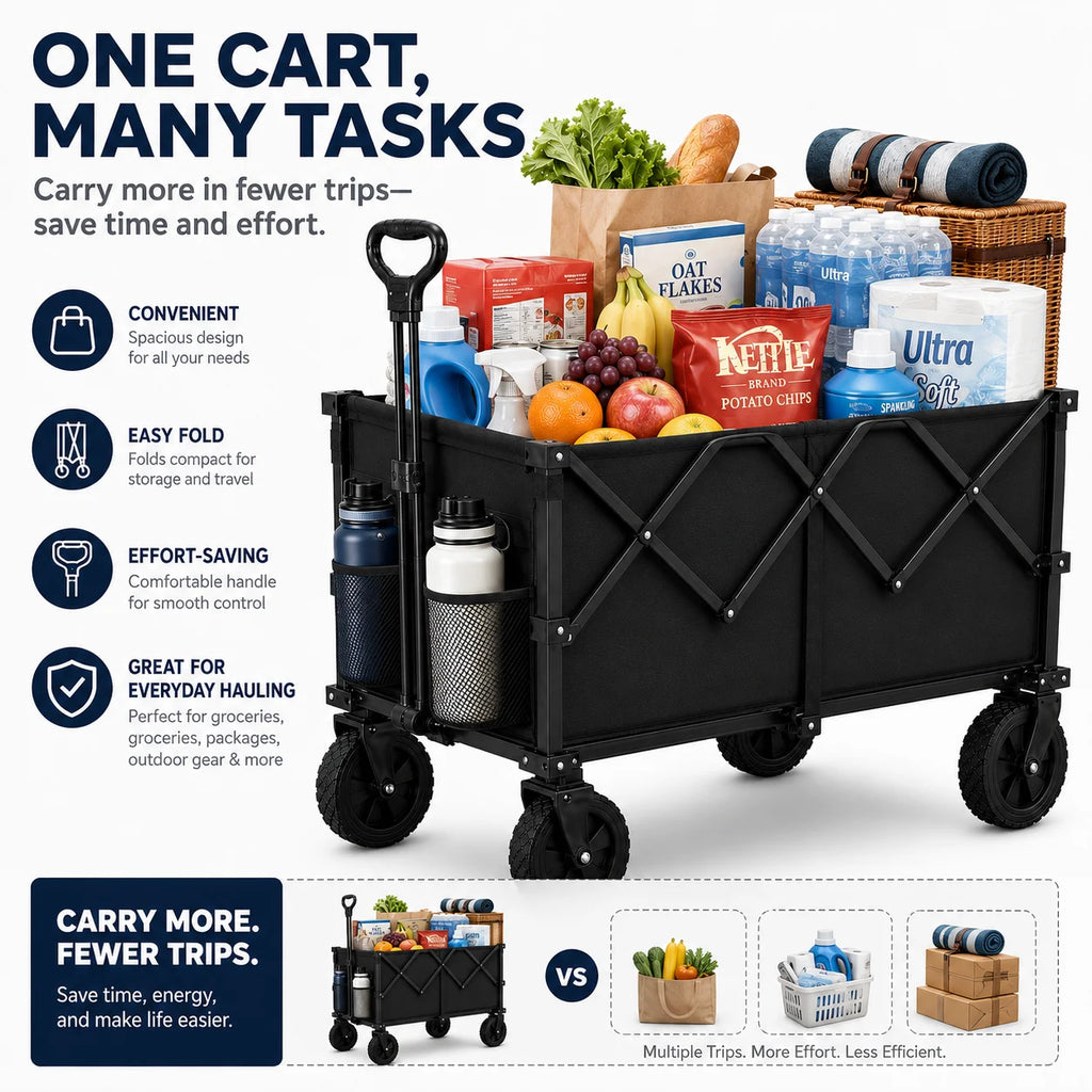 Heavy Duty Collapsible Camping Wagon, Large Capacity Foldable Utility Cart with Side Storage Pockets & All-Terrain Wheels for Outdoor Travel, Grocery Shopping & Yard Work