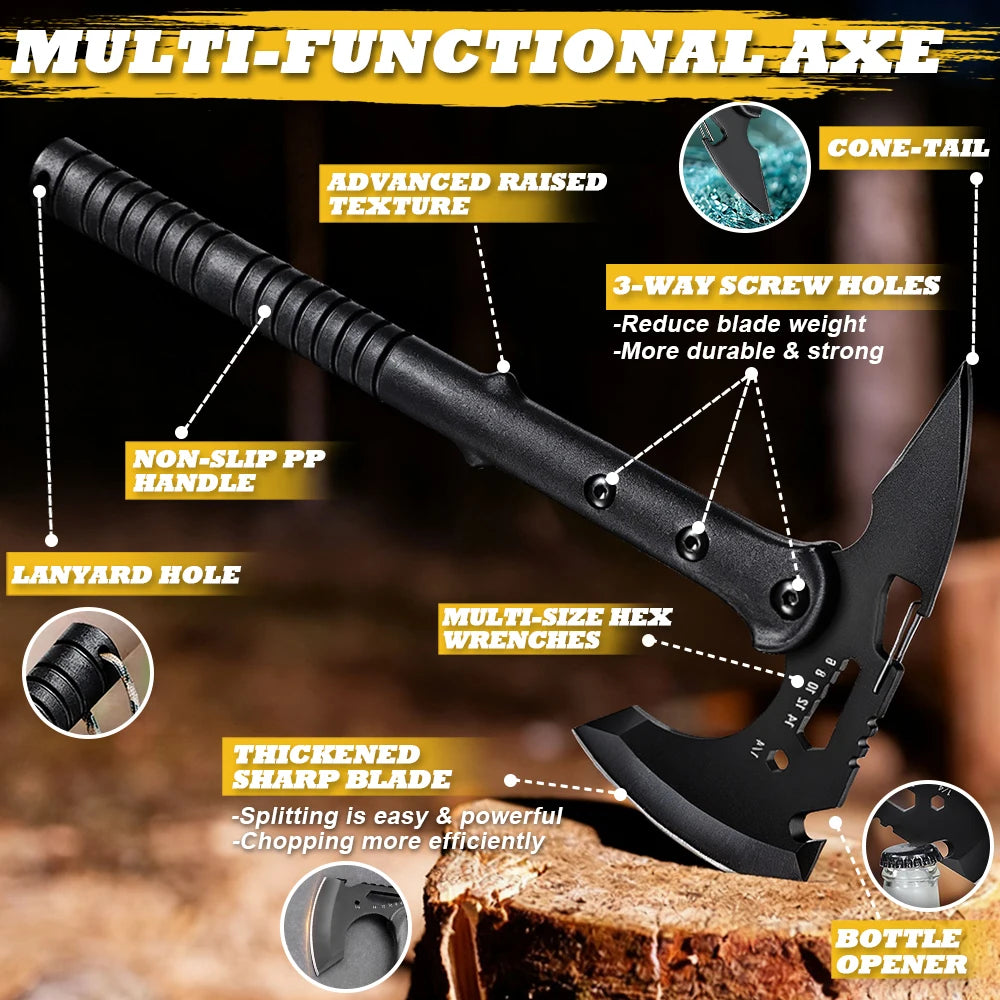 15 Inch Outdoor Tactical Axe Camping Axe with Sheath Multifunctional Tail Cone Pointed Tomahawk, Camping Survival Mountain Axe