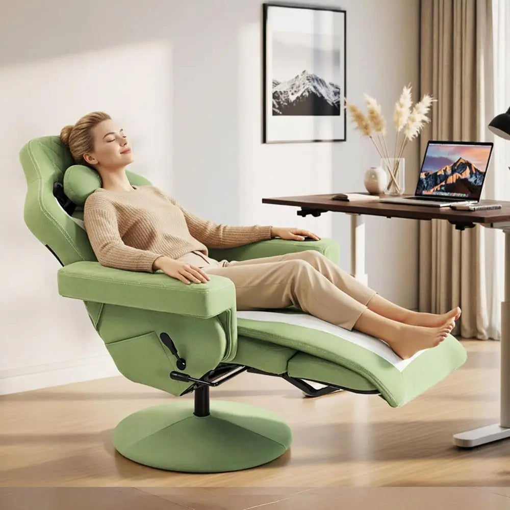 Ergonomic High-Back Gaming Recliner Chair with Massage, Lumbar Support, Ottoman, Cup Holder, Side Pocket, Fabric Green