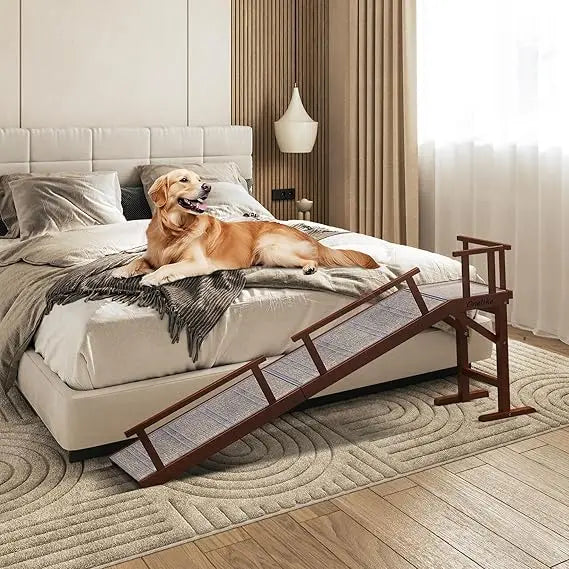 Wooden Dog Ramp for Bed with Removable Side Rail and Non-Slip Carpet, Stable Pet Ramp Stair for Couch Sofa for Small & Large
