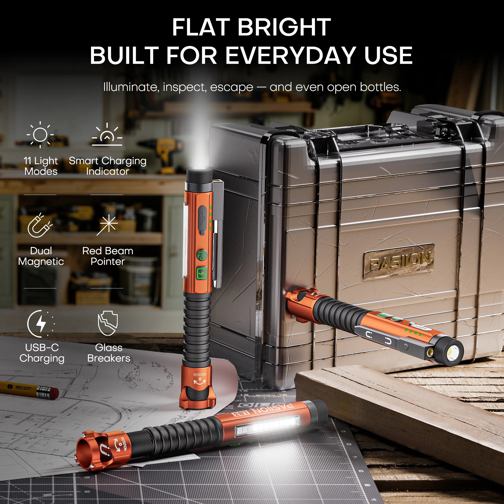 Rechargeable LED Flashlight with Red Laser & Built-in Power Bank, 10 Modes Tactical Flashlight, USB-C Charging, Rechargeable Pen Light with UV Light & Pocket Clip, Ideal for Camping, Hiking, Emergency Use & Daily Carry