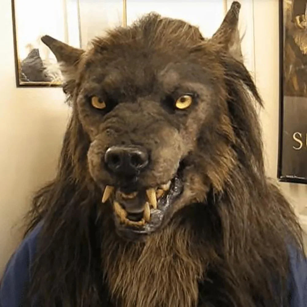 Hot‑selling Animal Latex Simulated Wolf Head Mask Hood with Brown Hair, Halloween Cosplay Mask for Adults