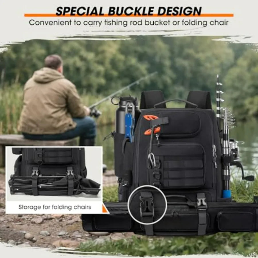 Fishing Backpack for Outdoor Use, Water-Resistant Polyester, Gray, 40L Capacity with Rod Holders, Built-in Cooler Rain Cover