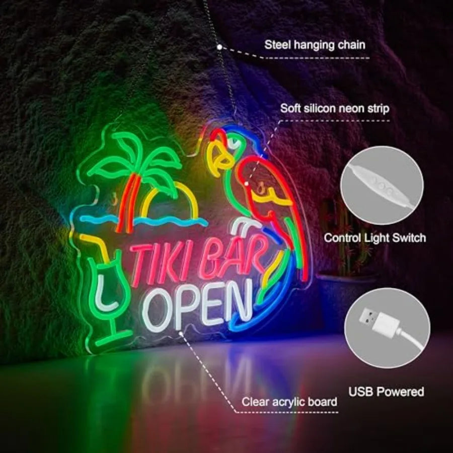 Tiki Bar Open Neon Sign for Tiki Open Wall Décor with Dimmable Switch Hawaii Pool Beach Bar LED Neon Signs Art Decor Light