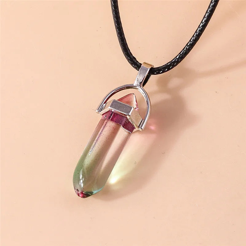 Stone Quartz Gem, Pink Crystal Stone Hexagonal Column Pendant, Necklaces, Leather Chain Bullet Necklace